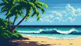 Pixel beach with palm trees. Style, hammock, cruise, vacation, swimming, sand, sea, sun, tan, relaxation, umbrella, swimsuit, heat, summer, water, pebbles, deck chair. Generated by AI