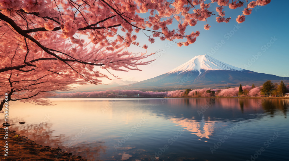 Ephemeral Bliss: Fuji's Magnificent Silhouette Adorned with Sakura's Transient Grace