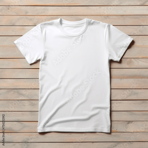 white t shirt. a mockup of a white T-shirt for applying a logo or pattern. product card. wooden background.