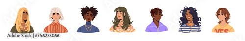 Women avatars set. People with different female hairstyles: bob haircut, with bangs, wavy, curly, straight, short hairs. Happy girls portraits. Flat isolated vector illustration on white background