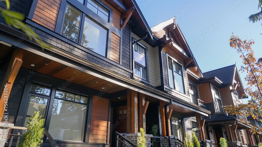 An up-close look at the facade of a craftsman-inspired townhome, showcasing its intricate woodwork, elegant proportions, and contemporary color scheme, for a sophisticated urban living experience. An up-close look at the facade of a craftsman-inspired townhome, showcasing its intricate woodwork, elegant proportions, and contemporary color scheme, for a sophisticated urban living experience.