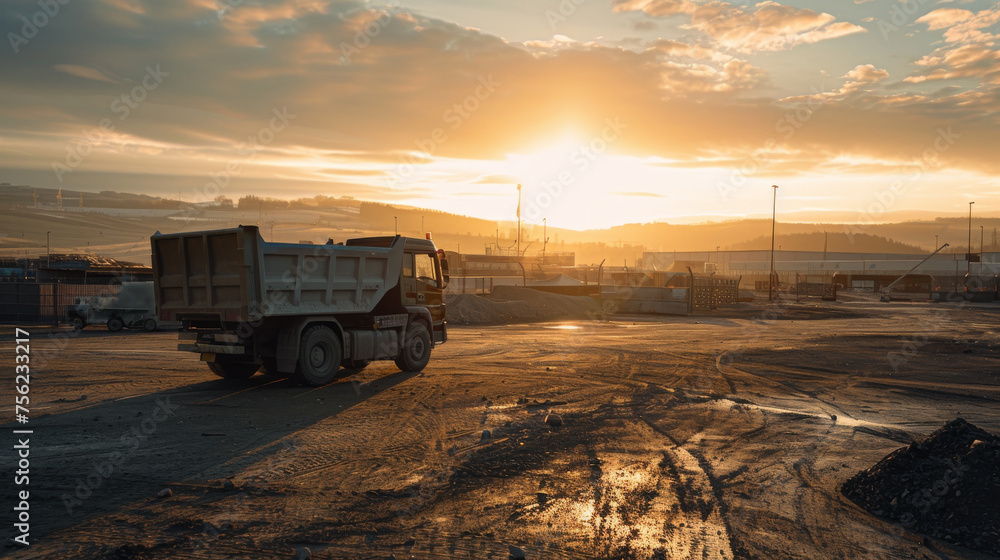 An early morning shot capturing a wheel loader in action at a construction site, with the rising sun casting a warm glow over the scene. An early morning shot capturing a wheel loader in action at a construction site, with the rising sun casting a warm glow over the scene.