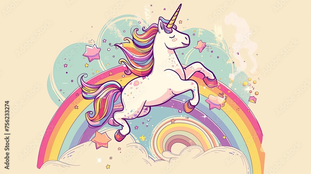 Cute unicorn. Abstraction, doodle, rainbow, horse, myth, horn, miracles, imagination, pony, princess, dream, sorceress, magic, mane. Generated by AI
