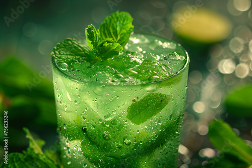 Glass of refreshing cold mojito close-up, quenching thirst