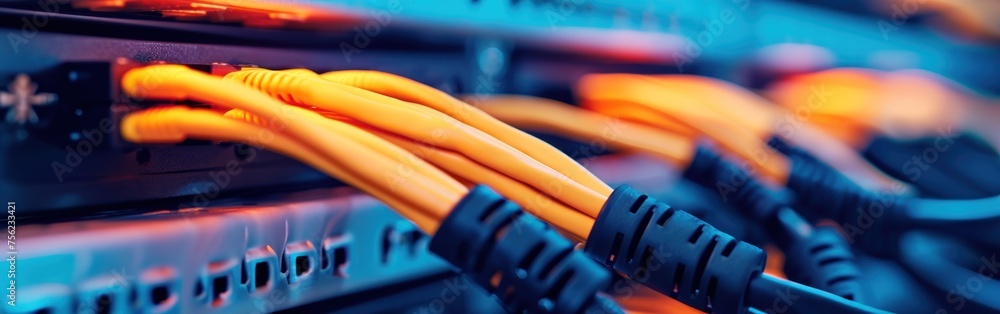 close-up of network cables connected to switch in internet data center. Banner. close-up of network cables connected to switch in internet data center. Banner.