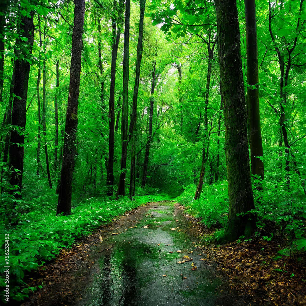 Obraz premium 비가 온 뒤 촉촉해진 숲 