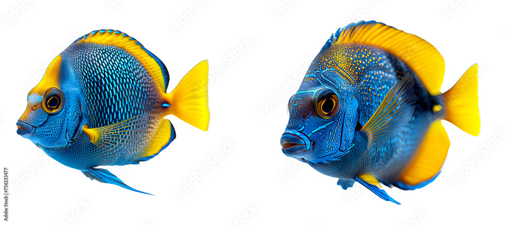 Blue tang isolated on transparent background - Two yellow tang fish ...
