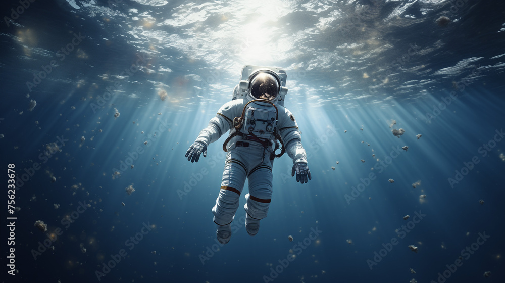 An astronaut in a spacesuit floating in water with blue sky
Future cosmic travel concept. The concept of using virtual reality in education and entertainment. Virtual reality adventure. Generative AI.