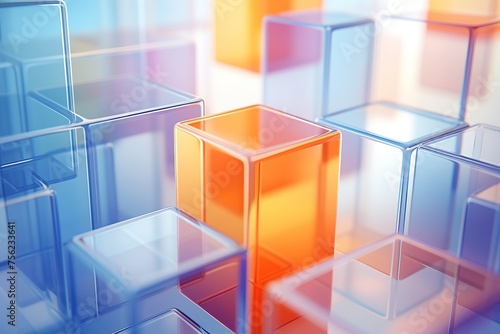 Multi-colored glass cubes  transparent geometric shapes  complex structure. Minimalistic abstract background.