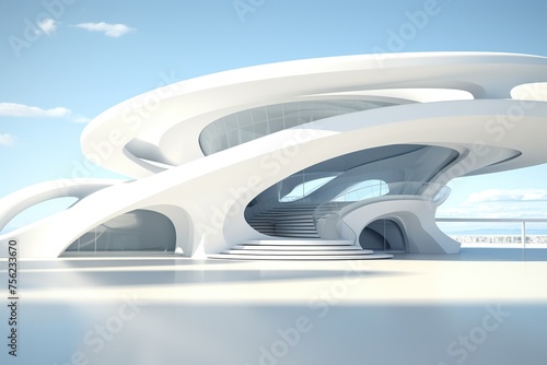 White futuristic architecture. Brightly lit large airy hall, gallery, corridor, fantastic airport terminal. Round minimalistic freeform, organic design. Smooth curves of lines, conceptual building.