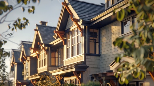 An up-close shot of a craftsman townhouse exterior, highlighting its blend of traditional craftsmanship and modern design sensibilities, with a focus on quality materials, elegant proportions.