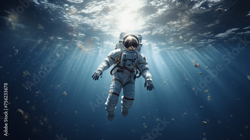 An astronaut in a spacesuit floating in water with blue sky
Future cosmic travel concept. The concept of using virtual reality in education and entertainment. Virtual reality adventure. Generative AI.