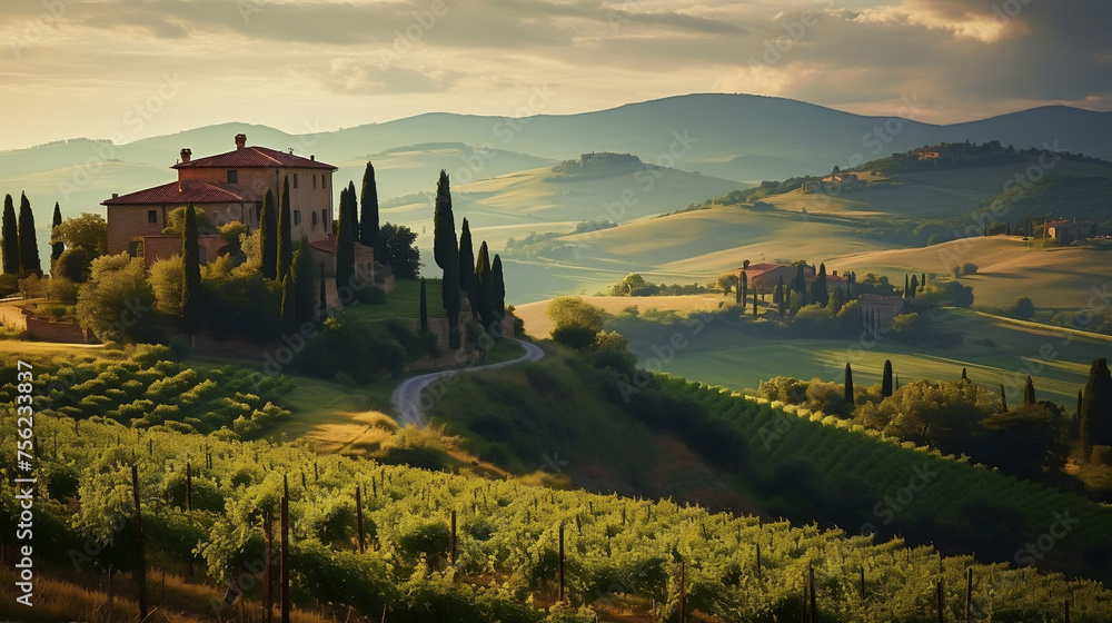 Fototapeta premium Panorama view through vineyards with stone house, Tuscany, Italy. Landscape, hills and meadow. Road with curves and cypresses. Generative AI.
