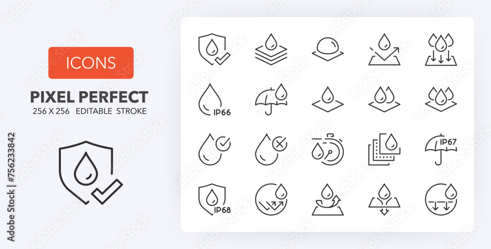 Waterproof fabrics and absorbent fabrics, thin line icon set. Outline symbol collection. Editable vector stroke. 256x256 Pixel Perfect scalable to 128px, 64px...