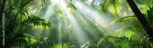 Panoramic view of green tropical forest with sunlight and fog. Banner.