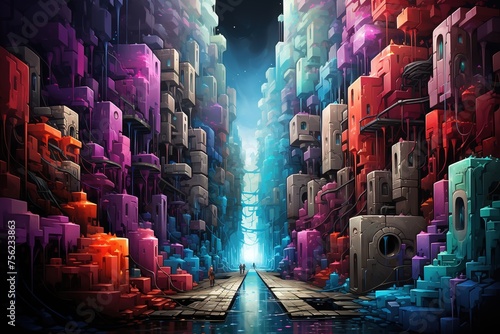 Abstract background, multi colored cube shaped blocks, video game design. Surreal sky fi landscape.