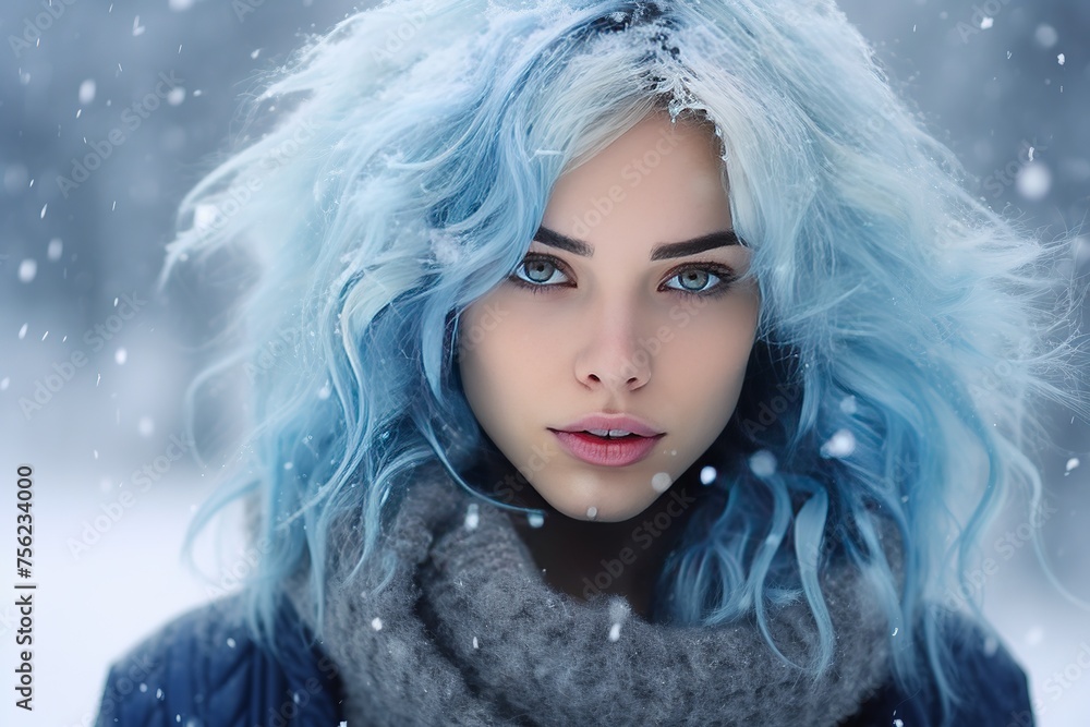 Close-up portrait of a young woman with blue hair dusted with snow. Fairy-tale image of a winter girl, Snow Maiden.