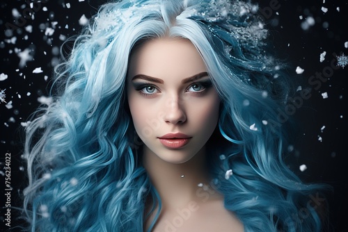 Close-up portrait of a young woman with blue hair dusted with snow. Fairy-tale image of a winter girl  Snow Maiden.