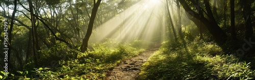Morning in the forest with sunbeams and lens flare effect. Banner.