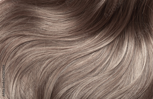 Blond hair close-up as a background. Women\'s long light brown hair. Beautifully styled wavy shiny curls. Hair coloring. Hairdressing procedures, extension.