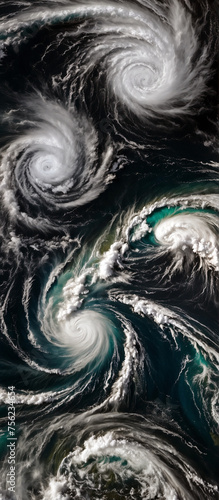 .Montage of hurricanes and typhoons hitting coastal areas with unprecedented force, demonstrating the climatic shift to more unpredictable and intense weather patterns. photo