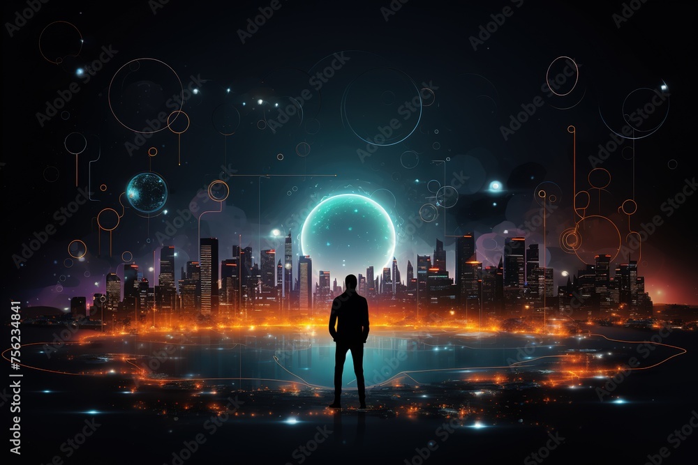 Black male silhouette on a dark background of a fantastic landscape, digital city, complex information data structure.