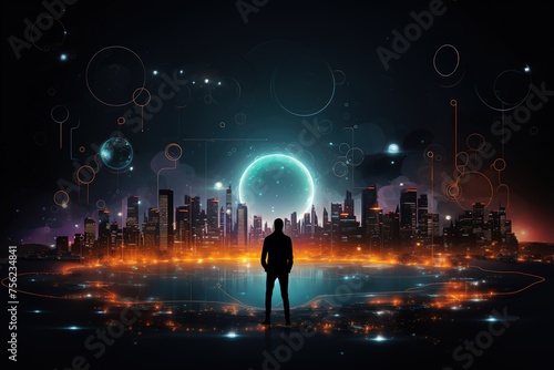 Black male silhouette on a dark background of a fantastic landscape, digital city, complex information data structure.