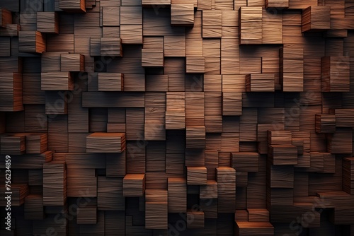 Wood panel wall  unique design with square cube elements. Beautiful wavy texture of the boards. Abstract background.