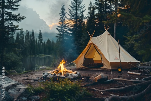 the great outdoors with a tent near a river photo