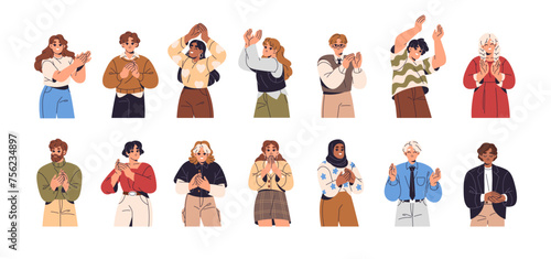 Different people clapping hands set. Happy men and women applause, celebrate success, rejoice. Spectators applauding, greeting, show support. Flat isolated vector illustration on white background