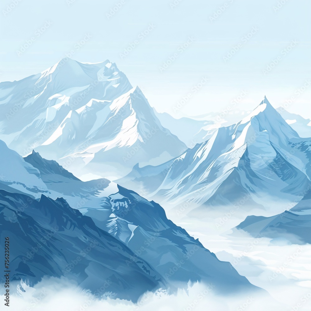 Snowy Mountain Peaks in a Dreamy Blue Sky Generative AI