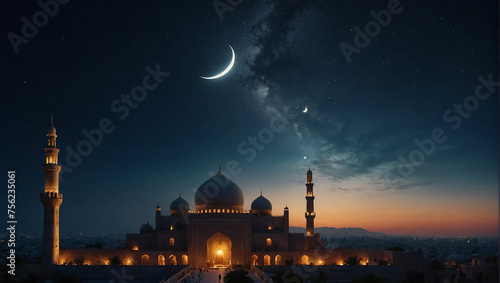 Ramadan Kareem background with Crescent moon, star and mosque