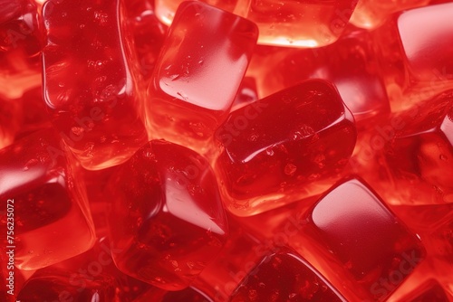 Background with red jelly candies lying on it, soft transparent marmalade cubes. photo