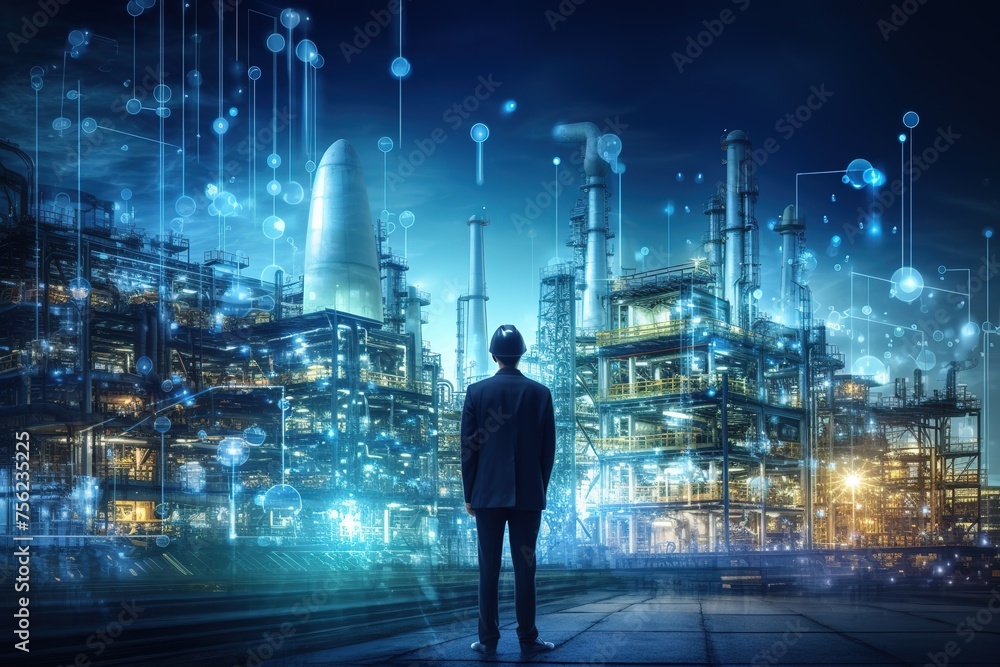 Engineer standing in front of oil and gas plant in blue neon lighting. Designing intelligent production facilities. Sustainable energy management. Unique industrial technologies.