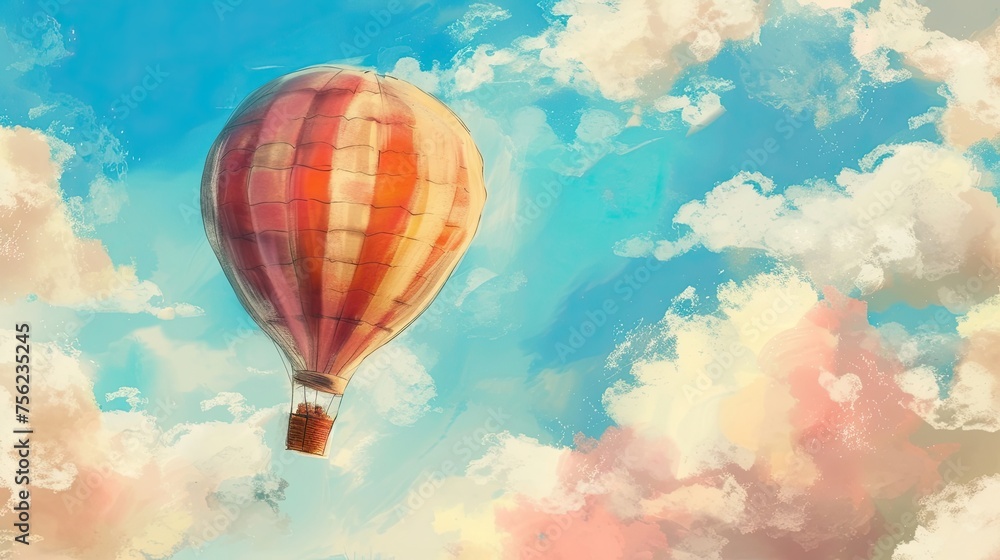Fototapeta premium Balloon. Abstract, doodle, flight, balloon, cloud, airship, around the world, travel, steampunk, flight, sky, air, holiday, height, gas, helium, children. Generated by AI