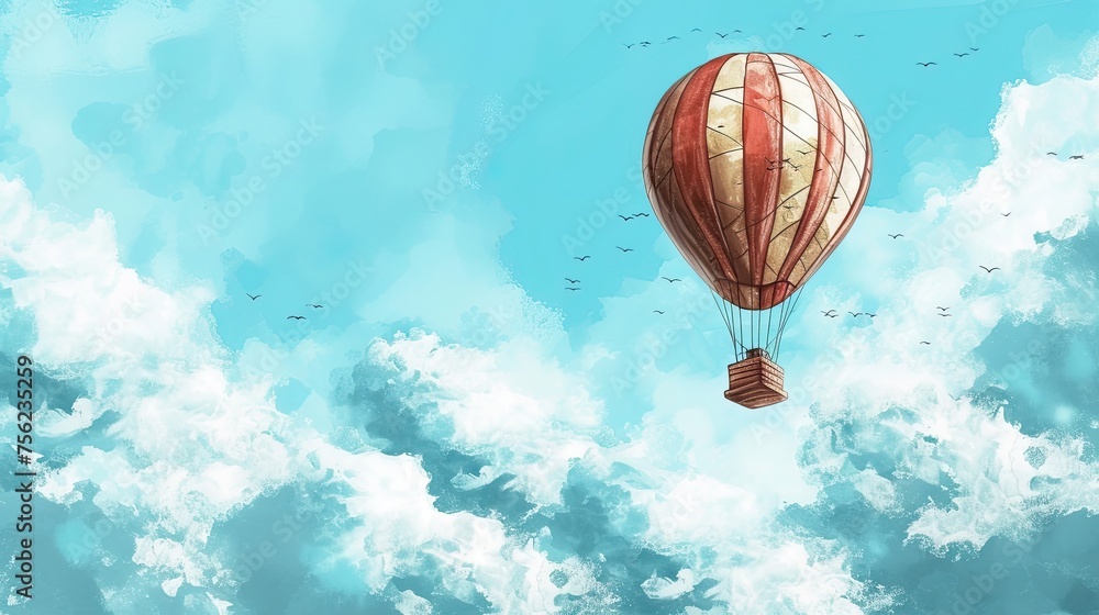 Obraz premium Balloon. Abstract, doodle, steampunk, flight, sky, air, holiday, height, gas, helium, children, fly, balloon, piglet, fire, joy, happiness, airship. Generated by AI
