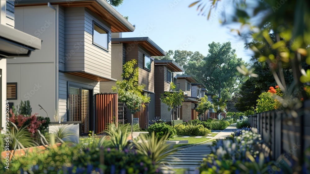 Fototapeta premium A close-up view of a row of contemporary craftsman townhouses, showcasing their modern design features, such as clean lines, minimalist landscaping, and energy-efficient systems.