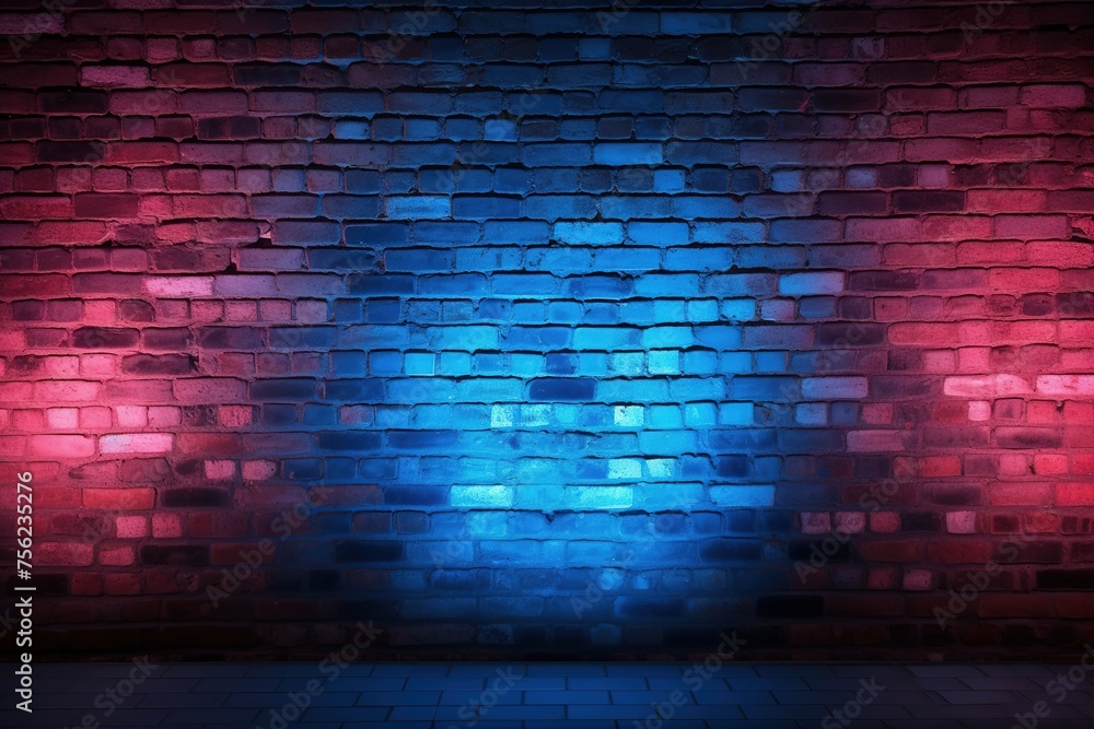 Brick wall illuminated with red and blue neon light. Volumetric texture, cyberpunk loft background. Brick wall illuminated with red and blue neon light. Volumetric texture, cyberpunk loft background.