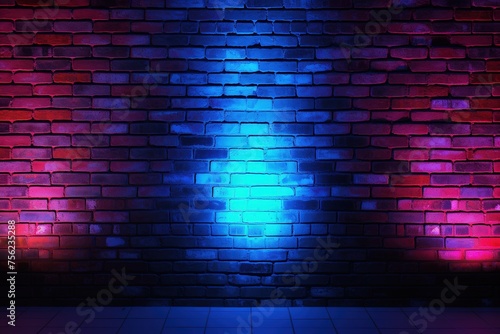 Brick wall illuminated with red and blue neon light. Volumetric texture  cyberpunk loft background.
