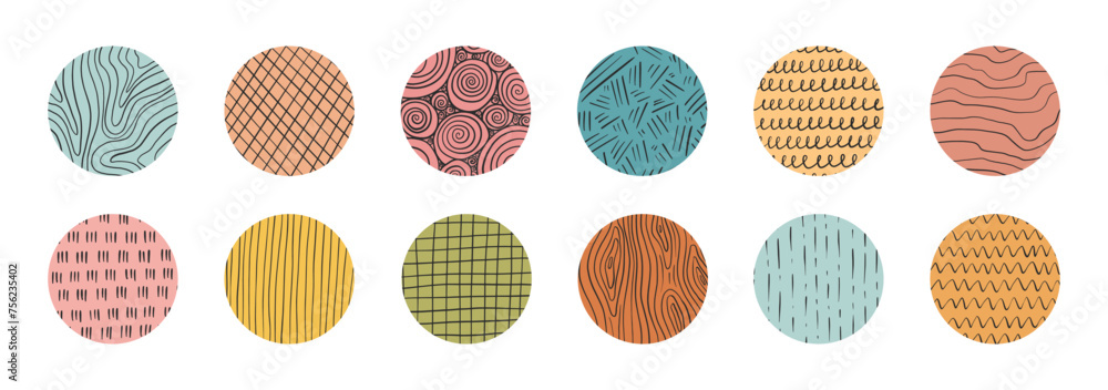 Set of hand drawn in colorful circle texture with different pencil patterns. Crosshatch, rain, wood, spiral and lines. Vector illustration on white background Set of hand drawn in colorful circle texture with different pencil patterns. Crosshatch, rain, wood, spiral and lines. Vector illustration on white background