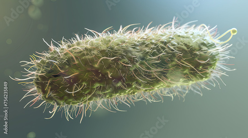 3D close-up of a bacterium with detailed flagella and cell wall, highlighting microscopic motility against a soft background.