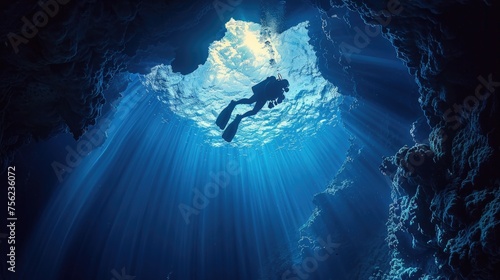 Amidst the depths of an underwater cave system, a scuba diver is enveloped by breathtaking sunbeams, adding a touch of magic to the exploration of this mystical realm © Nuth