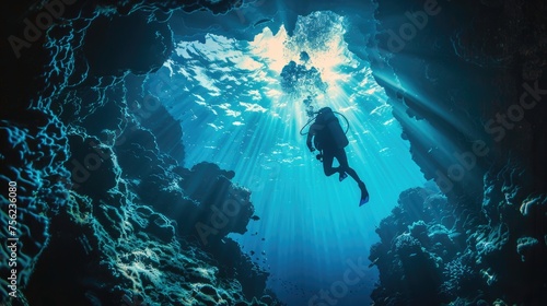 Exploring a mystical underwater cave system, a scuba diver is surrounded by stunning sunbeams, creating an ethereal and captivating scene beneath the ocean's surface © Nuth