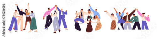 Teams celebrate success work set. Employees supports colleagues. People rise motivation, teambuilding. Happy office workers group rejoices. Flat isolated vector illustration non white background