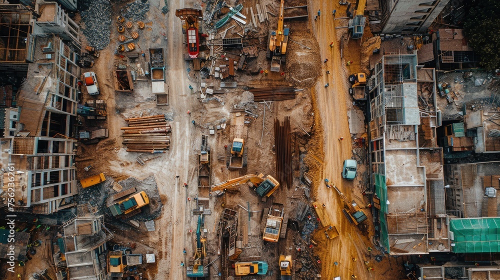 Overhead shot of a construction site bustling with activity, heavy machinery, and emerging structures amid the organized chaos of urban development.