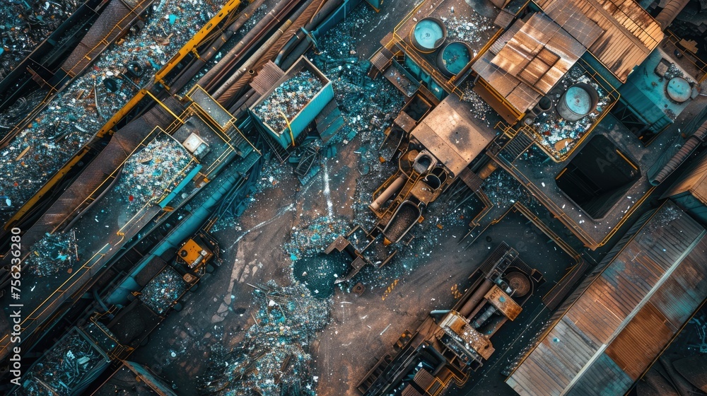 Top-down perspective of a busy recycling facility processing vast amounts of materials.