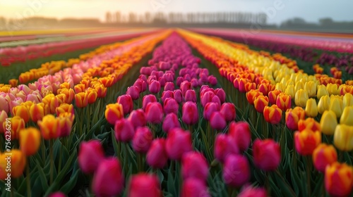 Expansive tulip fields under a sunset sky, creating a colorful panorama of blooming flowers. #756236291