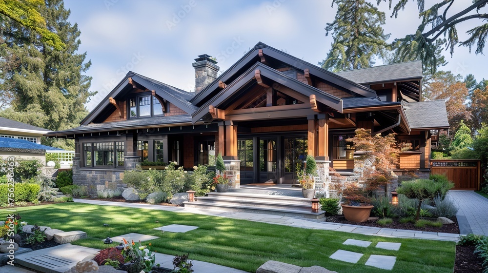 A craftsman-style residence with a unique blend of vintage charm and modern sophistication, characterized by its intricate woodwork, cozy interiors, and sleek finishes.