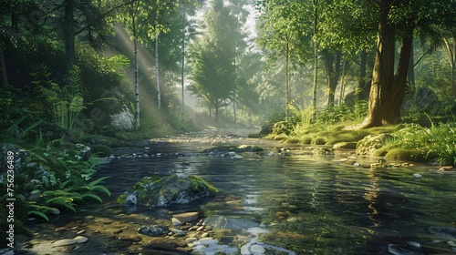 A serene forest scene with a river flowing through it, reminiscent of the monthly event 'Full Moon'. Generative AI
