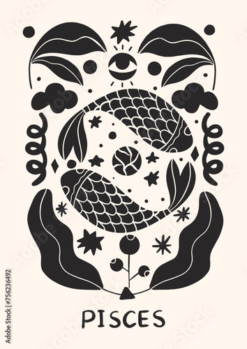 Zodiac signs Pisces in Scandinavian style. Hand drawn vector illustration.